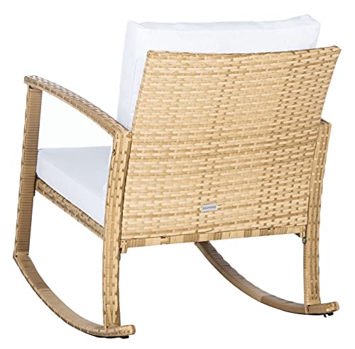 SAFAVIEH Outdoor - Daire Rocking Chair - Natural & White - Steel Frame Faux & Rattan with Cushion - Open-Frame Design - Ideal for Patio, Deck, Porch, Backyard, 14.4" Seat Height (PAT7721D)