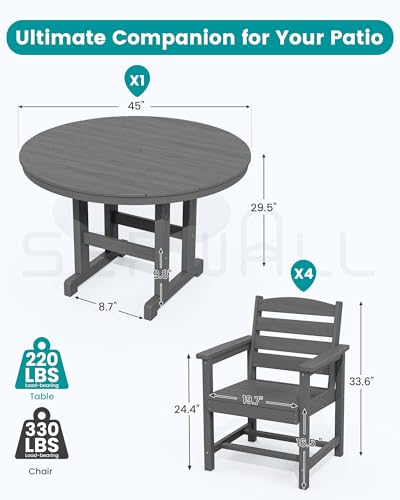 SERWALL 5-Piece Patio Dining Sets, HDPE Outdoor Table and Chairs Furniture Set, 45" Round Dining Table and 4 Dining Chairs, Gray