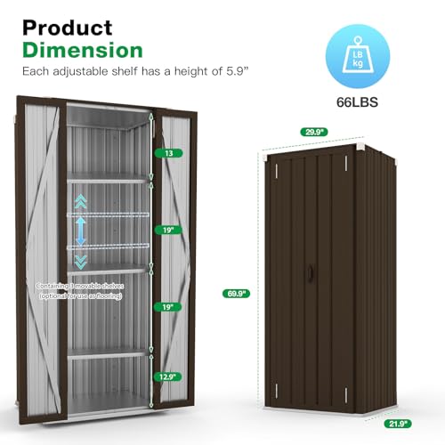 AECOJOY Outdoor Storage Cabinet Waterproof with Adjustable Shelves, Vertical Tall Garden Tool Cabinet, Sheds & Outdoor Storage Clearance Cabinet Weatherproof for Outside or Indoor in Brown