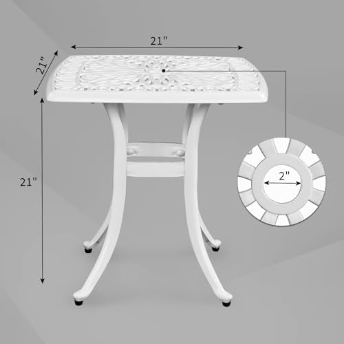 VINGLI 21" Cast Aluminum All Weather Round Patio Coffee Table Porch Bistro End Table (White)
