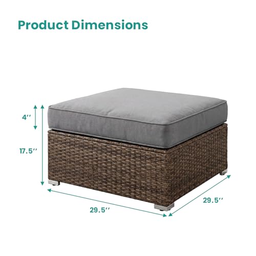 SUNBURY 2 Piece Outdoor Wicker Patio Ottoman Set, 30" Large Square Footrest with Thick Removable Cushion, All-Weather PE Rattan Stool for Backyard Poolside Porch, Grey
