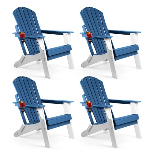 FUNBERRY Folding Adirondack Chair Set of 4, Blue & White All Weather HDPE Fire Pit Chairs with Cup Holder for Outdoor