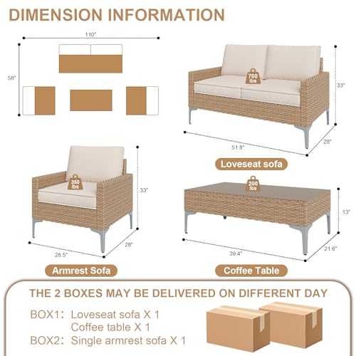 JOYURE 4-Piece Patio Furniture Set,Outdoor Wicker Patio Conversation Set with Tempered Glass Table,All-Weather Rattan Sectional Loveseat&Chairs with Thick Cushions for Garden,Deck,Backyard-Beige
