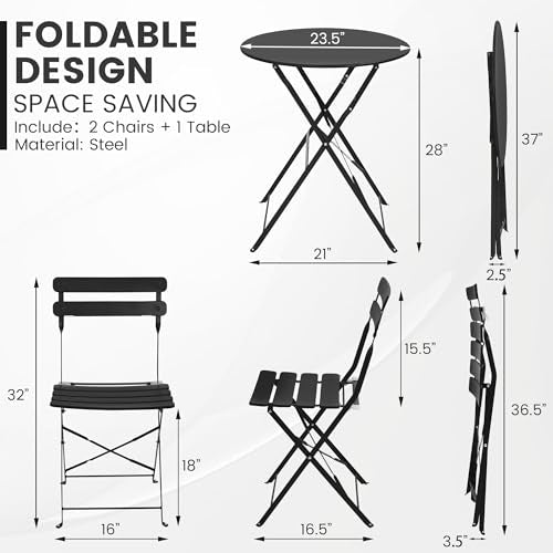 Kromax Outdoor 3 Piece Patio Bistro Set, Folding Bistro Table and Chairs Set of 2, Space Saving, Foldable Coffee Tables for Balcony or Garden, Black