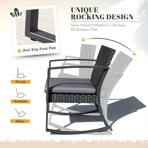 Devoko Resin Patio Furniture Set 3 Piece All Weather Outdoor Rocking Chairs with Cushions and Coffee Table for Bistro Balcony Porch (Gray)