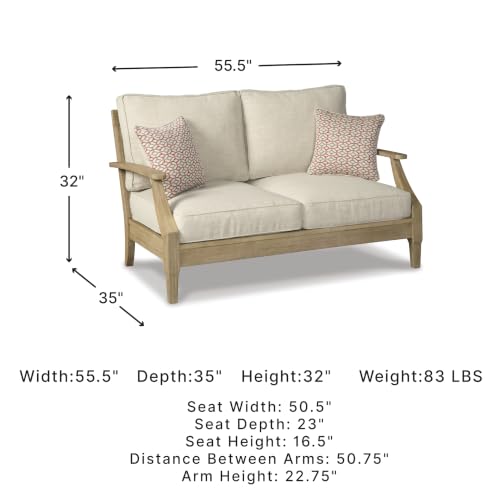 Signature Design by Ashley Clare View Coastal Outdoor Loveseat, Cushioned with Nuvella Fabric, Protective Finish, Eucalyptus Wood, 55.5" W x 35" D x 32" H, Beige