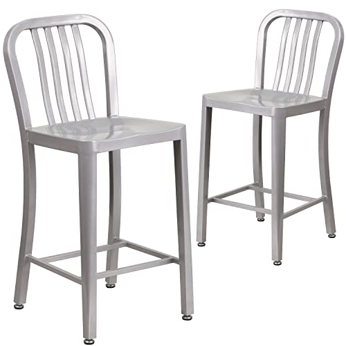 Flash Furniture Gael Commercial Grade 2 Pack 24" High Silver Metal Indoor-Outdoor Counter Height Stool with Vertical Slat Back