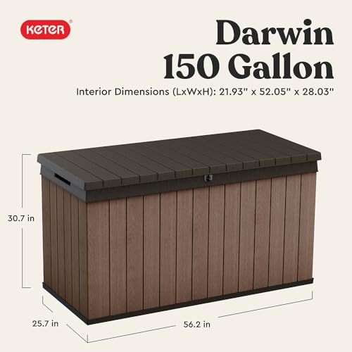 Keter Darwin 150 Gallon Resin Large Deck Box - Organization and Storage for Patio Furniture, Outdoor Cushions, Garden Tools and Pool Gear