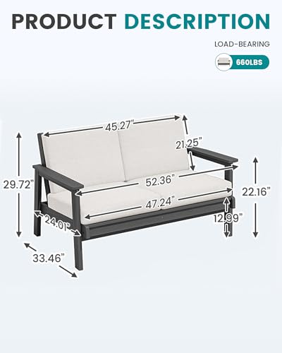 SERWALL HDPE Outdoor Patio Loveseat, All Weather Wood-Like Outdoor Sofa HDPE Outdoor Furniture, Grey Frame and Khaki Cushion
