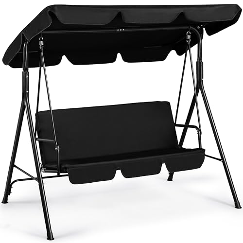 Yaheetech 3-Seat Patio Swing Chair, Outdoor Canopy Porch with Adjustable Canopy & Removable Cushion, Hanging Glider Lounge Chair for Patio, Garden, Yard, Porch - Black