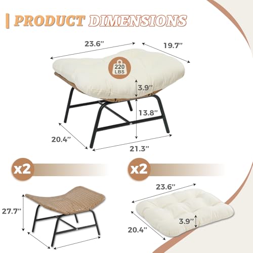 NICESOUL Indoor Outdoor Ottoman Set of 2, Large Wide Double Patio Footstool, PE Rattan Thicken Cushioned Footrest, All-Weather Wicker Furniture for Balcony, Porch, Living Room, Egg Chair, Beige