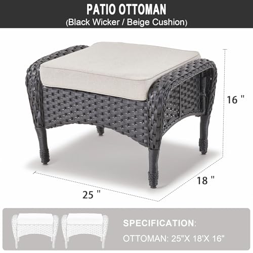 Belord Outdoor Ottomans for Patio Foot Rest - 25 Inch PE Wicker Foot Stool Set of 2 with Removable Cushions for Patio Furniture Sets,All Weather Rattan Ottoman for Balcony Backyard Black/Beige