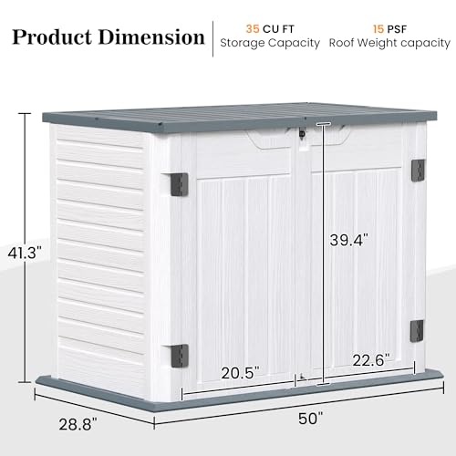 UDPATl0 35 Cu.Ft Horizontal Outdoor Storage Shed, Resin Outdoor Cabinet Waterproof & Lockable for Generator, Garbage Can Garden Tools, White, White & Grey Trim