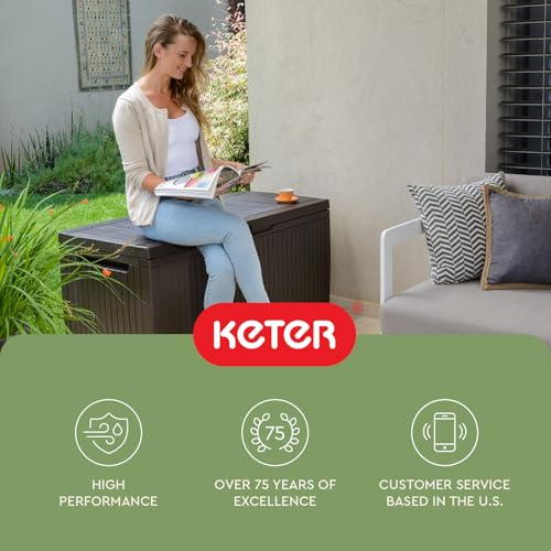 Keter Springwood 80 Gallon Resin Outdoor Storage Box for Patio Furniture Cushions, Pool Toys, and Garden Tools with Handles, Brown