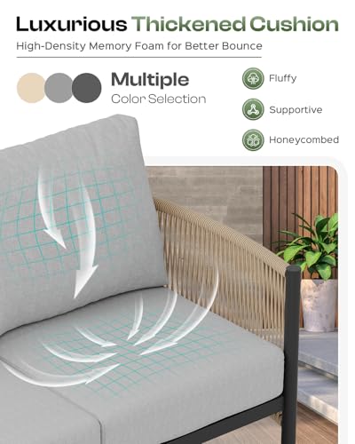 Oasbira Aluminum Outdoor Patio Couch Loveseat, HDPE Rope Patio Sofa with Washable Thick Cushion, All-Weather Patio Furniture for Balcony, Yard, Gray Frame, Gray