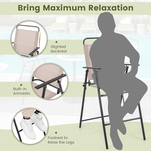 Giantex Outdoor Folding Bar Chair Set of 2, Counter-Height Patio Chairs with Backrest, Armrests, Footrest, Metal Frame, Patio Furniture Chair Set for Backyard Poolside Balcony, 330 LBS Capacity
