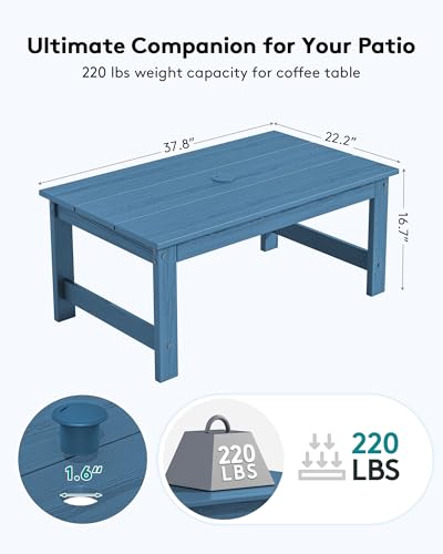 SERWALL HDPE Patio Coffee Table, Rectangle Outdoor Coffee Table, All-Weather Coffee Side Table for Balcony, Poolside, Deck, Garden, Blue