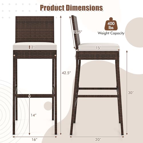HAPPYGRILL Wicker Patio Barstools Set of 4, Outdoor Rattan Bar Chairs with Footrest & Backrest, Armless High Top Chairs with Seat Cushions for Backyard, Balcony