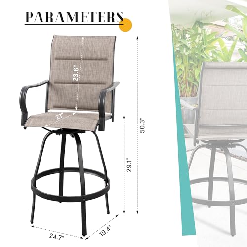 Vongrasig 2 Piece Outdoor Patio Swivel Bar Chairs, All Weather Padded Sling Textile High Top Bar Stools, Bistro Set for Backyard, Lawn Garden, Balcony, Gray