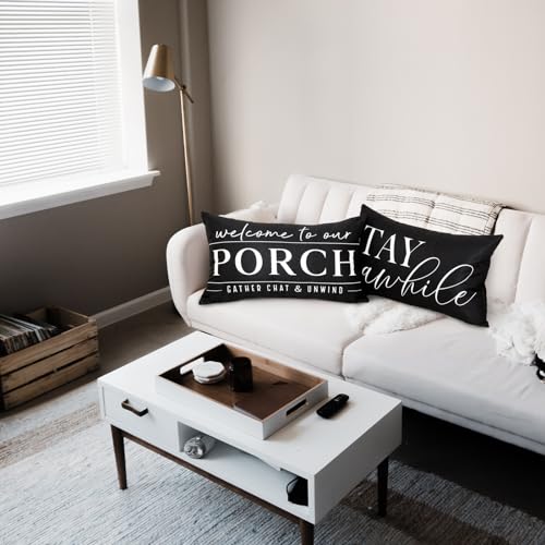 TAJWE Outdoor Pillow Covers Waterproof 12x20 Set of 2 Black and White Decorative Welcome to Our Porch Stay Awhile Cushion Cases for Patio Furniture Sofa Couch Decor