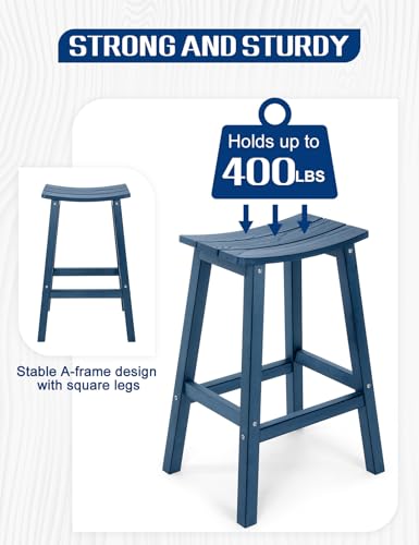 LAHAAP Weatherproof Bar Stools Set of 4, 28" Height Outdoor Bar Stools Holds up to 400 lbs, Saddle Seat, Bar Height Stools for Patio, Garden, and Kitchen Island, Blue