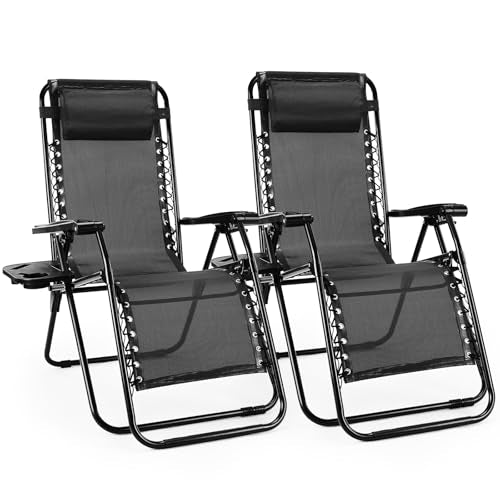 Sweetcrispy Zero Gravity Chairs, Set of 2 Portable Recliner Beach Camping Patio Outdoor Folding Lounge Chair with Cup Holder Trays and Adjustable Pillow for Poolside, Garden, Backyard, Lawn, Black
