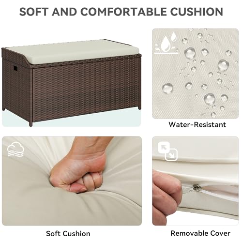 YITAHOME Outdoor Storage Bench, 70 Gallon PE Rattan Patio Storage Bench w/Handles and Soft Cushion,Outdoor Storage Box for Patio, Yard, Lawn, Garden