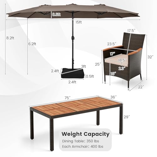 Tangkula 11 Pieces Rattan Outdoor Dining Set with 15Ft Solar Patio Umbrella for 8, Outdoor Wicker Table Set with 8 Cushioned Chairs, Acacia Wood Top, Outdoor Umbrella with Base Included