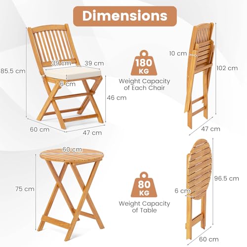 Giantex 3Pcs Patio Bistro Set, Wood Folding Table Set, 2 Cushioned Chairs for Garden Yard, Outdoor Furniture Round Table (Natural & Beige)