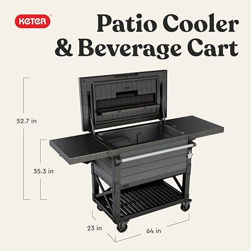 Keter 89.8 Qt Portable Outdoor Patio Cooling Chest, Ice Chest Beverage Party Bar Cart Table with Swivel Wheels, Shelves, and Bottle Opener, Graphite