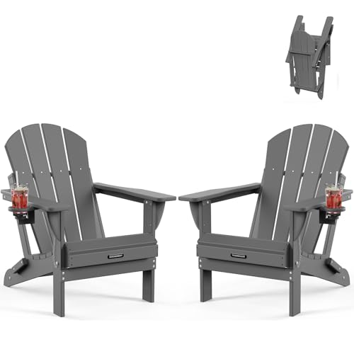 MUCHENGHY Folding Adirondack Chairs Set of 2 HDPE Weather Resistant, Patio Firepit Chairs, Sturdy Outside Chairs, Lawn Chairs, 15min Assembly 380lb Grey