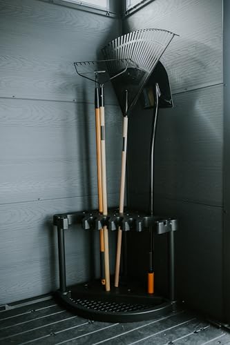 Keter Compact Corner Tool Rack for Maximum Storage and Organization - Easy to Assemble and Organize 25 Long-Handled Garden Tools, Rakes, Brooms, Shovels and Accessories