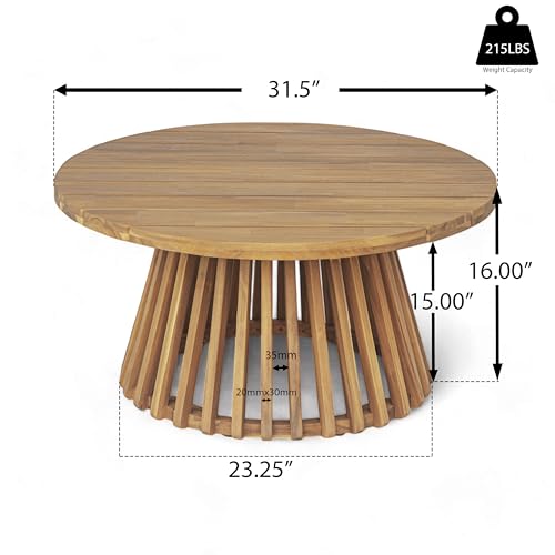 Christopher Knight Home Hakee Acacia Wood Patio Coffee Table, Round Table with Unique Wooden Base for Backyard, Balcony, Stylish Indoor/Outdoor Table, Easy Assembly, 31.5" x 31.5" x 16", Teak
