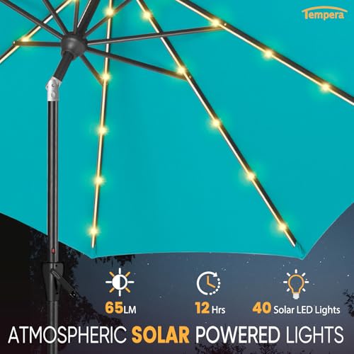 Tempera 9ft Patio LED Umbrella with light | Solar Outdoor Umbrella | Market Table Parasol with Push Button Tilt and Crank, with Sturdy Pole&Fade resistant canopy,Easy to set