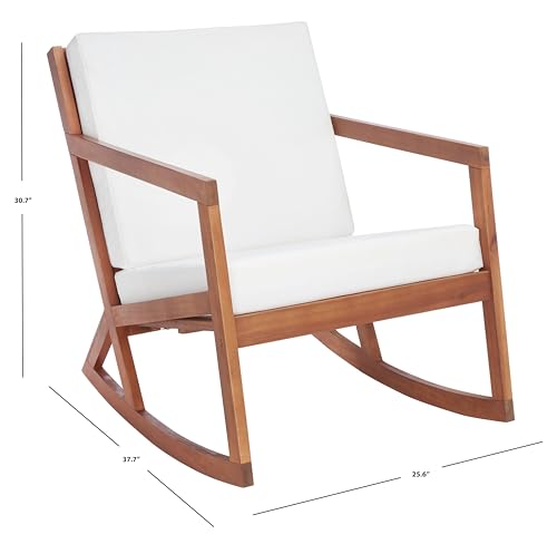 SAFAVIEH Outdoor - Vernon Rocking Chair - Natural & Beige - Solid Wood with Cushion - Shaker-Inspired Slatted Design - Ideal for Patio, Deck, Porch, Backyard, 24.6" Seat Height (PAT7013A)