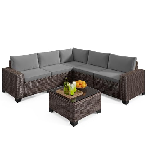 Gizoon 6-Piece Outdoor Patio Furniture Set, PE Wicker Rattan Sectional Sofa Conversation Set with Thickened Cushions and Coffee Table, All-Weather Patio Furniture for Garden, Backyard, Poolside, Grey