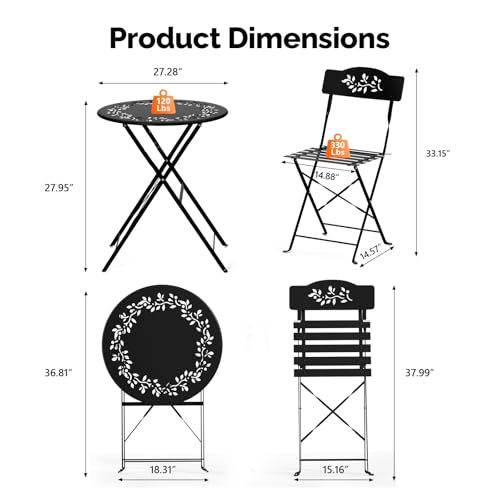 VINGLI Outdoor Folding Bistro Table and Chairs Set of 2, 3-Piece Bistro Set with Olive Leaf Cutout Design and Comfortable Cushions for Patio, Balcony, Garden, Porch, Yard, Black