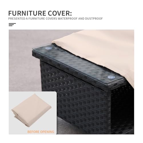 Outdoor Wicker Coffee Table Patio Furniture Garden Rattan 2-Layer Glass Table with Storage and Furniture Cover, Black