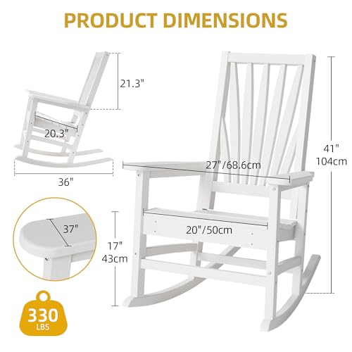 DWVO Outdoor Rocking Chair, Patio Rocker with Windsor Backrest & Wide Armrests, HDPE Patio Chair, 30° Rocking Motion, Outdoor Rocker for Porch, Balcony, Garden Seating, White