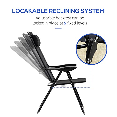 Outsunny Folding Patio Dining Chairs Set of 2, Outdoor Deck Chair with Adjustable Sling Back, Camping Chair with Removable Headrest for Garden, Backyard, Lawn, Black