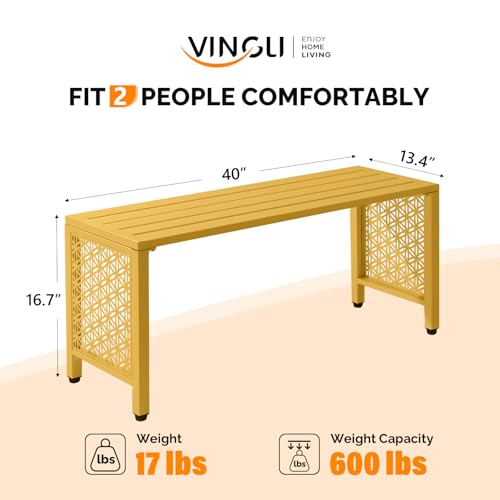 VINGLI 40in Outdoor Metal Bench, All-Weathe Backless Patio Bench with Slatted Seat＆Floral Side Panels, Rust-Resistant Garden Bench, Weatherproof Outdoor Seating for Porch Entryway Backyard (Yellow)