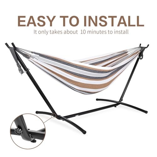 PNAEUT Double Hammocks with Stand for Outside, Portable Space Saving Heavy-Duty Steel Frame for Indoor Outdoor Patio Yard, Easy Assembly, 2 Person 450 lbs Capacity (Coffee)