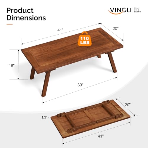 VINGLI Outdoor Folding Coffee Table, Natural Poplar Wood Patio Coffee Table, No Assembly Required, Ideal for Balcony, Porch, and Living Room, Rectangle, Natural