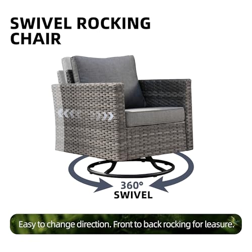 HOOOWOOO Wicker Patio Furniture Sets 6 Pieces Patio Conversation Sets Weather Resistant Outdoor Sofa Seating Set with Swivel Rocking Chairs Tilt Back Grey for 5 Persons Outside Yard,Dark Grey