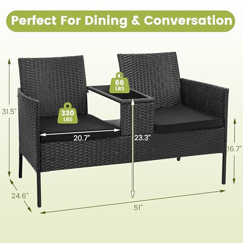 Kromax Wicker 2 Seat Patio Loveseat, Outdoor Rattan Loveseat with Table, Washable Cushion Covers, Backyard, Garden, Lawn, Black Rattan with Black Cushion