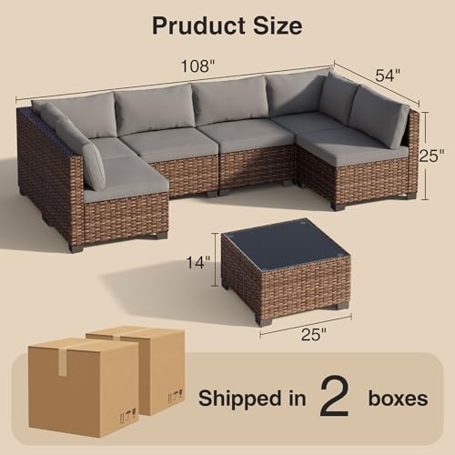 Qsun 7 Pieces Patio Furniture Set, Outdoor Sectional Rattan Sofa Set, Wicker Patio Conversation Set with Cushions and Glass Coffee Table, for Balcony, Porch, Garden, Grey