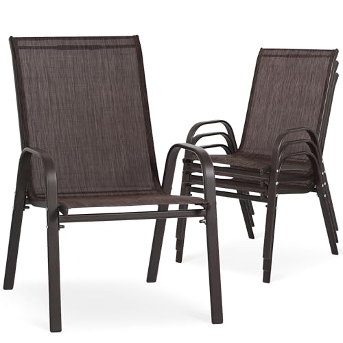 Villeston 24.4" Wide Outdoor Stackable Chairs Set of 4, Stacking Patio Chairs with Textilene Fabric, Outside Furniture for Garden Backyard Balconie Poolside Deck, Brown