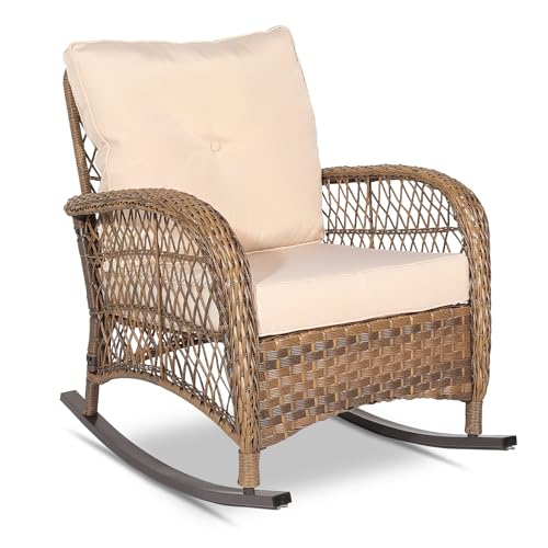 VIVIJASON Outdoor Wicker Rocking Chair, Patio Rattan Rocker Chair with Cushions & Steel Frame, All-Weather Rocking Lawn Wicker Furniture for Garden Backyard Porch (Beige)