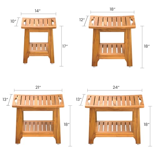 14" Compact Teak Shower Stool with Shelf & Handle - Waterproof, Non-Slip Bath Bench for Small Bathrooms/Tub/Outdoor Use, 300 lbs Capacity (Patented)