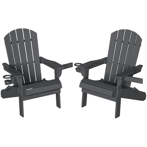 Shintenchi Folding Adirondack Chairs Set of 2,HDPE All-Weather Patio Chairs with Cup Holder & Phone Holder,Wooden Textured Fire Pit Chairs for Patio,Outside,Deck,Backyard,Dark Grey
